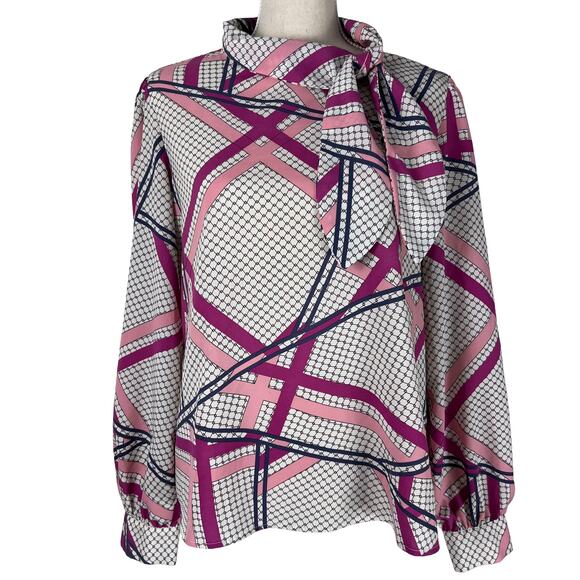 hazel Tops - Hazel Haze Abstract Geometric Bow Tie Blouse Top Women’s Size M Pink Purple